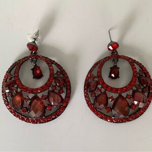 Vintage Red Jeweled Hoop Earrings Drop Rhinestones Stud Top Pierced Ears